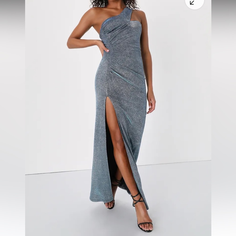 Lulu's Magic at Midnight Shiny Slate Blue One-Shoulder Maxi Dress